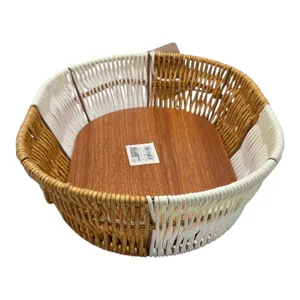 Coș Oval Împletit pentru Bucătărie, cu Bază Aspect Lemn, 30 x 22 x 7 cm