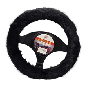 Husă Volan Auto Universal 38 cm din Blană Sintetică Neagră, Moale și Călduroasă, Protecție Antiderapantă, Confort Sporit la Condus