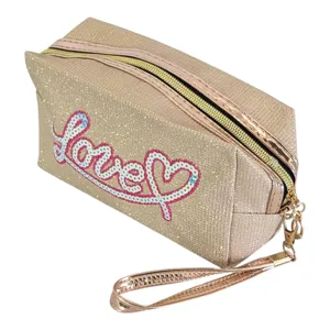 Portfard Cosmetic cu Fermoar și Curea de Mână, Design Glitter cu Inscripție Love, Organizator pentru Machiaj și Accesorii