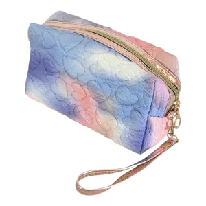 Portfard Cosmetic Matlasat cu Fermoar și Curea de Mână, Model Multicolor Pastel pentru Machiaj și Accesorii 