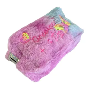 Portfard Cosmetic Pufos cu Fermoar și Curea de Mână, Design Multicolor cu Aplicații Decorative pentru Machiaj și Accesorii