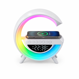 Ceas Digital LED de Birou cu Încărcare Wireless pentru Telefon, Alarmă, Afișaj Electronic și Lampă Ambientală Modernă, Alb