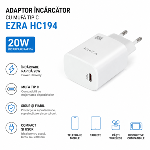 Adaptor Încărcător EZRA HC194 20W cu Mufă Tip C, Alimentator USB-C pentru Încărcare Rapidă Telefon și Dispozitive Mobile