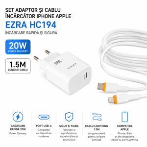 Set Adaptor și Cablu Încărcător iPhone Apple 1.5M EZRA HC194, Încărcare Rapidă 20W cu Mufă USB-C și Lightning