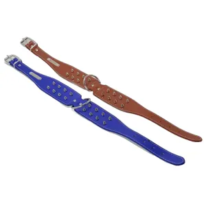 Zgardă Lată cu Ținte Metalice pentru Câini – 5x65 cm, Design Rezistent și Reglabil, Disponibilă în Albastru și Maro