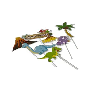 Set 8 Decoruri Tort „Happy Birthday” cu Dinozauri – Figurine Preistorice Colorate, Accesorii pentru Petreceri Copii și Candy Bar
