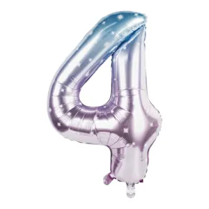 Balon Folie Cifra 4, Model Degrade Albastru-Roz cu Stele, pentru Aniversări și Petreceri
