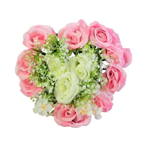 Aranjament floral artificial 23 cm cu trandafiri roz și flori albe, decor masă și interior