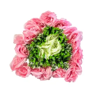 Aranjament floral artificial 35x35 cm cu trandafiri roz și frunze decorative, decor masă și evenimente