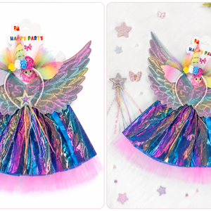 Set Accesorii Party Unicorn pentru Copii, Aripi Colorate, Fustiță, Baghetă Magică și Cordeluță Decorativă, Multicoloră, Costum Petrecere Carnaval și Serbări Tematice