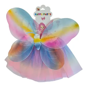 Set Accesorii Tematice Petrecere Fluturaș, 4 Piese, Aripi Colorate, Fustiță Tulle, Baghetă Magică și Cordeluță Decorativă, Multicolor, Costum Carnaval și Serbări pentru Copii