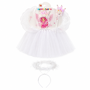 Set Accesorii Tematice Petrecere 3 Piese Prințesă, Aripi Înger, Fustiță Tulle și Bentiță Halo Albă pentru Copii