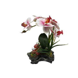 Ghiveci Rustic cu Orhidee Artificială, 16 x 26 cm, Aranjament Floral Decorativ cu Flori Roz-Alb și Ciupercuțe, Ideal pentru Casă și Birou
