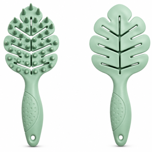 Perie de Păr pentru Masajul Scalpului, Model Frunză, cu Peri Flexibili din Silicon, Mâner Ergonomic, Verde Mentă