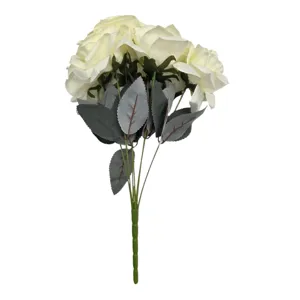 Buchet de Trandafiri Artificiali Decorativi, Flori Crem cu Frunze, pentru Vază și Aranjamente Florale
