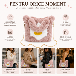 Geantă Plush pentru Copii, Geantă Pufoasă de Umăr, Accesoriu Fashion pentru Fete, Disponibilă în Mai Multe Culori