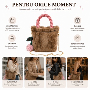 Geantă Plush pentru Copii 20 x 20 cm, Geantă Pufoasă de Umăr, Accesoriu Fashion pentru Fete, Disponibilă în Mai Multe Modele