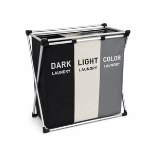 Coș de Rufe cu Suport din Aluminiu, 3 Compartimente pentru Sortare, Pliabil, Organizator Haine, 58 × 40 × 55 cm, pentru Baie și Spălătorie