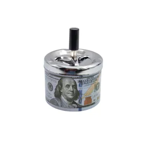Scrumieră Metalică Rotundă cu Clapetă Rotativă, Model Bancnotă 100 USD, 9×12 cm