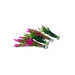 Plante Decorative Artificiale pentru Acvariu – Set 2 Bucăți, Verde cu Vârfuri Roz, Bază de Fixare
