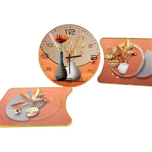 Set decorativ perete cu ceas rotund și 2 tablouri – Design floral modern, sticlă securizată, 30×40 cm + 2×40 cm