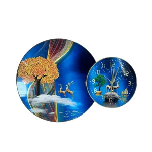 Ceas de perete decorativ rotund, 40 cm + 25 cm, design artistic cu cerb și copac, culori alb, albastru, bej și galben, din placă de densitate și metal
