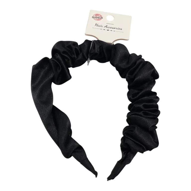 Bentiță de Păr Lată, Model Încrețit, Material Satinat, Negru
