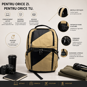 Rucsac Multifuncțional Casual, Compartimente Multiple cu Fermoar, Design Modern Bej și Negru, pentru Școală, Birou și Călătorii