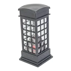 Decorațiune felinar LED tip cabină telefonică, lumină decorativă efect flacără, design vintage negru