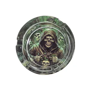 Scrumieră din sticlă 8.3 x 3.5 cm – Scrumieră rotundă cu model decorativ și suport pentru țigară