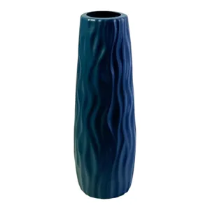 Vază decorativă din plastic albastră model Wave cu textură ondulată 21 cm x 6 cm