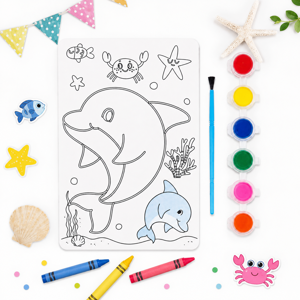 Set Creativitate Pictură pe Apă pentru Copii, 6 Piese, Planșă Delfin 12 x 18 cm cu Pensulă și Culori
