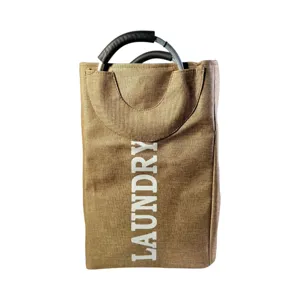 Coș rufe textil pliabil cu mânere metalice, poliester, 30 x 21 x 50 cm, organizator rufe și depozitare haine, model LAUNDRY, culoare maro