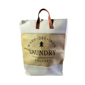 Coș rufe textil pliabil cu mânere, poliester, 32 x 32 x 47 cm, organizator rufe și depozitare haine, model LAUNDRY DELUXE, culoare bej