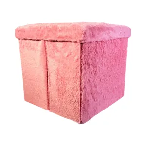 Taburet pliabil cu spațiu depozitare, poliester și placă de densitate, 38 x 38 x 35 cm, scaun tip otoman cu capac, culoare roz