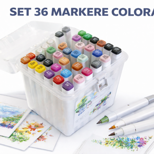 Set 36 Markere Colorate cu 2 Capete, Markere cu Vârf Dublu Fine și Chisel pentru Desen, Schițe și Ilustrații, Set Markere Multicolore pentru Artă, Hobby Creativ, Școală și Birou