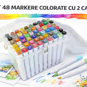 Set 48 Markere Colorate cu 2 Capete, Markere cu Vârf Dublu Fine și Chisel pentru Desen, Schițe și Ilustrații, Set Markere Multicolore pentru Artă, Hobby Creativ, Școală și Birou
