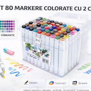 Set 80 Markere Colorate cu 2 Capete, Markere cu Vârf Dublu Fine și Chisel pentru Desen, Schițe și Ilustrații, Set Markere Multicolore cu Cutie de Depozitare pentru Artă, Hobby Creativ, Școală și Birou