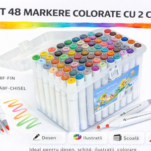 Set 48 Markere Colorate cu 2 Capete, Markere cu Vârf Dublu Fine și Chisel pentru Desen, Schițe și Ilustrații, Set Markere Multicolore pentru Artă, Hobby Creativ, Școală și Birou