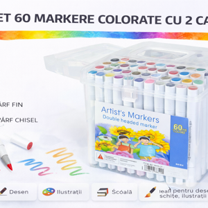 Set 60 Markere Colorate cu 2 Capete, Markere cu Vârf Dublu Fine și Chisel pentru Desen, Schițe și Ilustrații, Set Markere Multicolore cu Cutie de Depozitare pentru Artă, Hobby Creativ, Școală și Birou