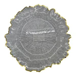 Platou Decorativ Rotund Auriu 33 cm, Farfurie Elegantă cu Model Liniar pentru Servire și Decorarea Mesei