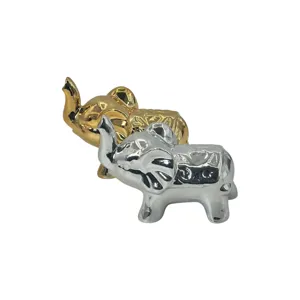 Figurină decorativă elefant ceramic, finisaj lucios auriu și alb, set 2 piese elegante pentru casă și birou