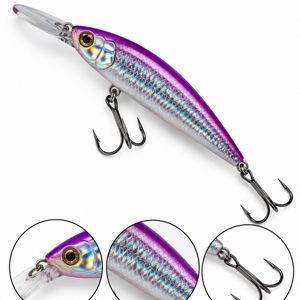 Nălucă Artificială pentru Pescuit Tip Wobbler Minnow, 11 cm, Model Pește, cu 2 Ancore Triple, Efect Holografic, Mov-Argintiu