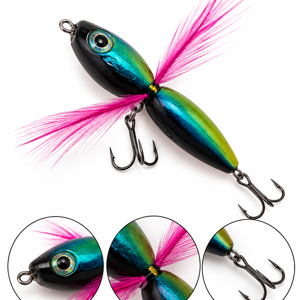 Nălucă Artificială pentru Pescuit, 5,5 cm, Model Insectă cu Pene Roz, 2 Ancore Triple, Efect Metalizat, Albastru-Verde