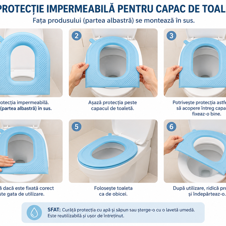 Protecție Impermeabilă pentru Capac de Toaletă Reutilizabilă, Universală