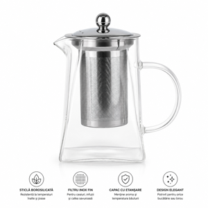 Ceainic din Sticlă cu Infuzor din Inox 750 ml pentru Ceai, Cafea și Băuturi Infuzate