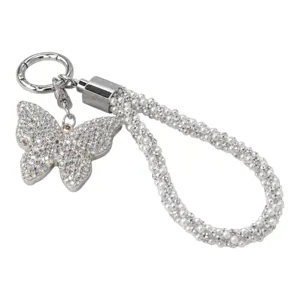Breloc Elegant cu Fluture Roz Strălucitor, Șnur cu Perle și Cristale, Accesoriu pentru Chei, Geantă sau Rucsac