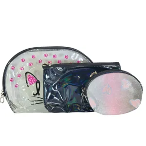 Set portfard 3 piese cu fermoar si curea de mana, organizatoare cosmetice transparente pentru machiaj