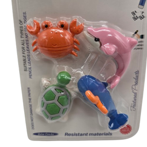 Set 4 Radiere pentru Creioane, Modele Animale Marine, Delfin, Crab, Broască Țestoasă și Balenă, Culori Asortate, pe Blister