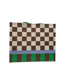 Sacoșă pentru Cumpărături Reutilizabilă, 32 x 26 x 10 cm, Model în Carouri Maro și Bej cu Accente Verzi, Mânere Rezistente, Ideală pentru Transport și Depozitare